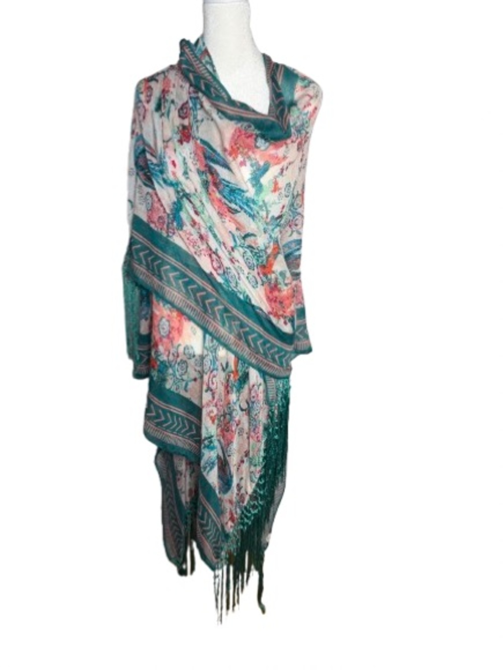 Cute Floral & Bird Teal Long Fringe Semi Sheer Kimono Shawl Wrap Poncho Cardigan